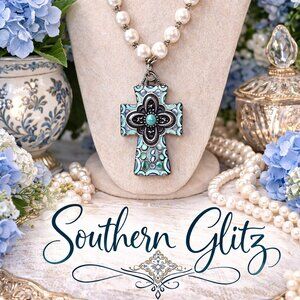 Pearl Necklace with Turquoise Cross Pendant | Western Faith Jewelry | Handmade